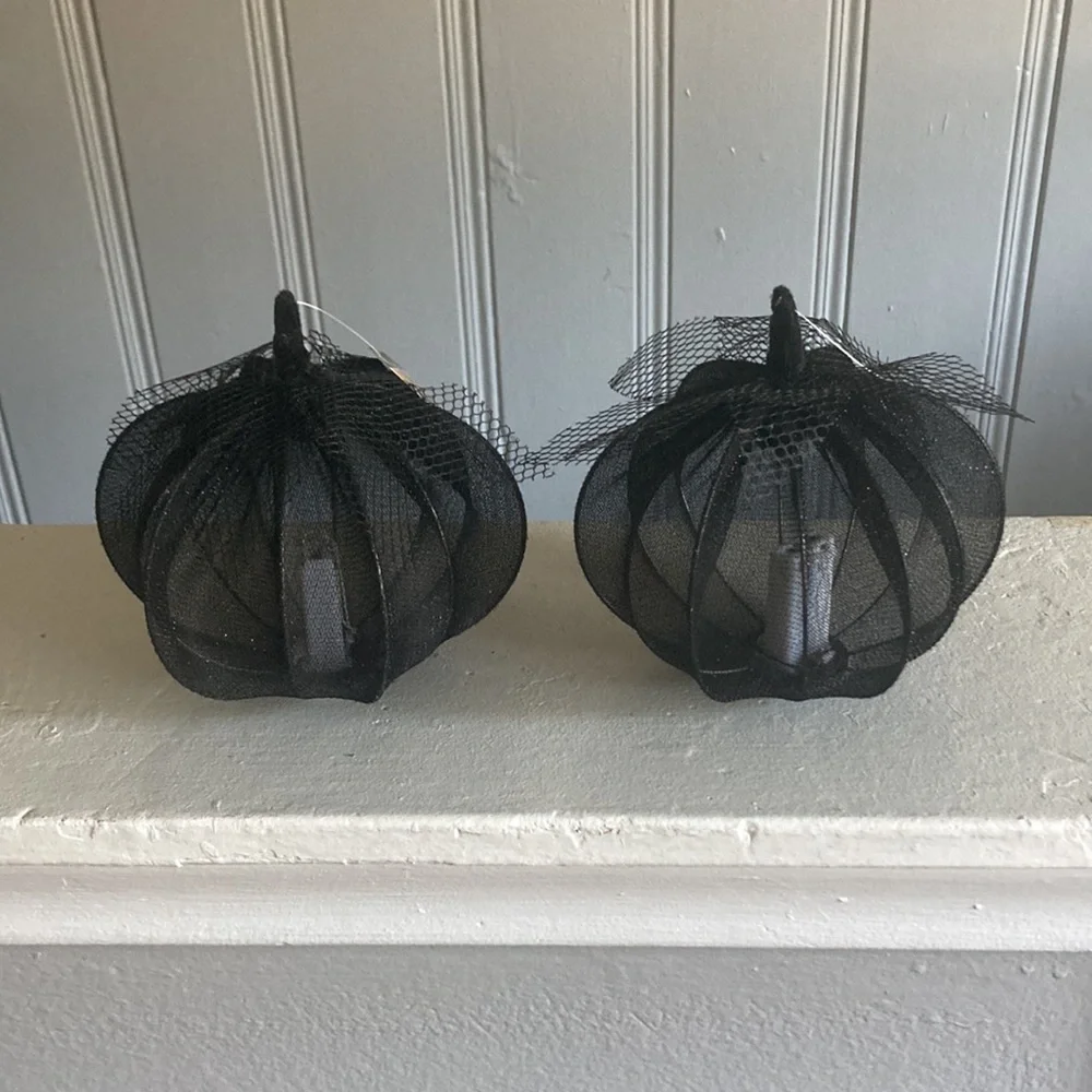 NWT- 2- Elegant Black Lace Covered Light Up LED Halloween Pumpkin Decorations
